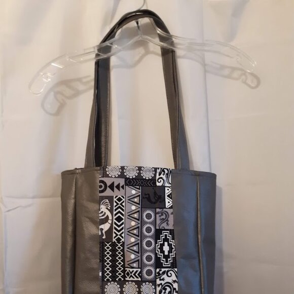 New Southwestern Kokopelli Tote Shopper shoulder Bag Gray Double handle Carryall - Picture 7 of 11